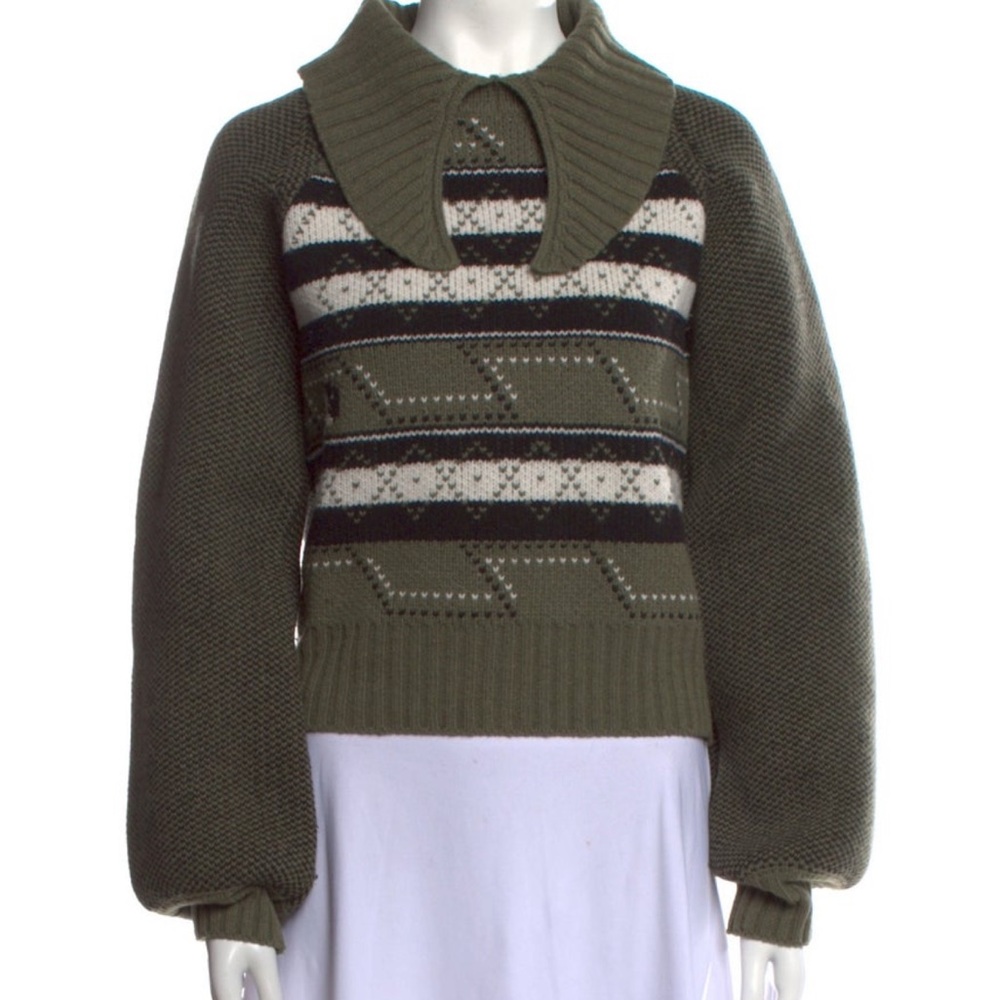 Ganni oversized collar green wool sweater balloon sleeves